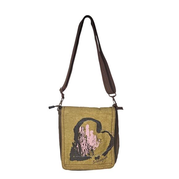 Life is Good Nylon Adjustable Strap Crossbody Bag Purse Brown Tan Heart Boho - Picture 9 of 10